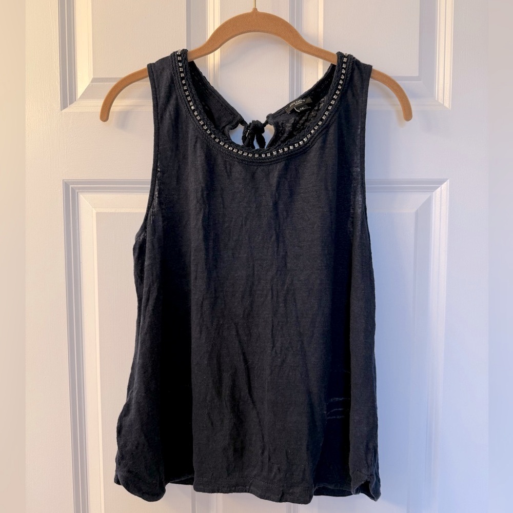 Ann Taylor Navy Sleeveless 100% Linen Knit Top with Embellished Neckline